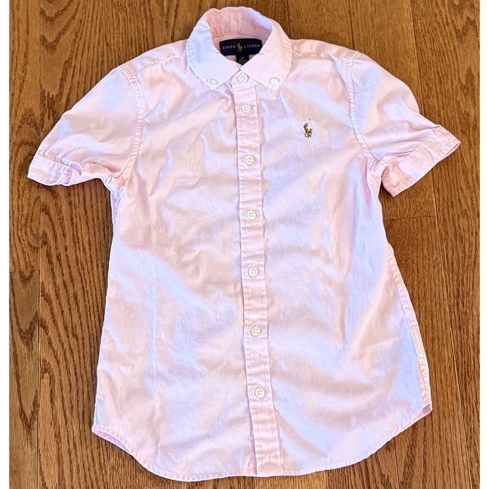 Ralph Lauren Button Down Shirt Girls 8 Pink Preppy Cotton Puff Sleeve Logo Top